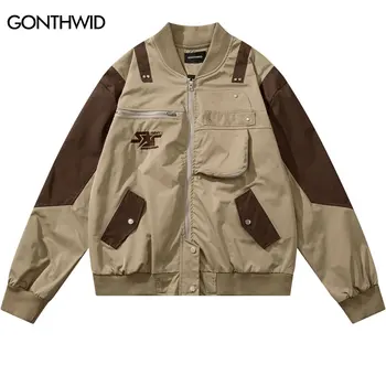 Мужские куртки-карго Y2K Уличная одежда в винтажном стиле с несколькими карманами, бейсбольные куртки-бомберы на молнии в стиле Пэчворк, Уличная одежда 2023 года Harajuku Outdoor Изображение