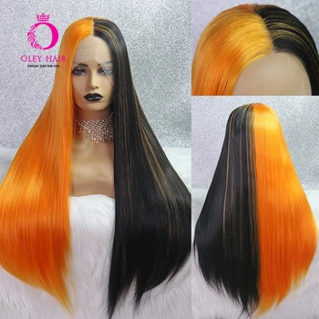 Наполовину Оранжевый Наполовину Черный парик Бесклеевой Синтетический парик на кружеве 13x4 Mango Swirl Длинные прямые парики для косплея для женщин 180 плотности Изображение