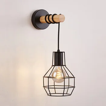 Настенный светильник из скандинавского дерева, винтажное бра, настенный светильник E27, прикроватная ретро-лампа, промышленный декор, Столовая, освещение спальни Изображение