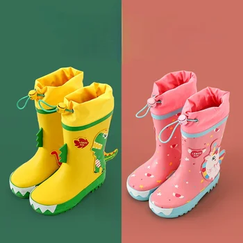 Непромокаемая обувь для мальчиков и девочек с единорогом, Новые Модные детские резиновые сапоги с мультяшным принтом и водонепроницаемым покрытием для икр Изображение