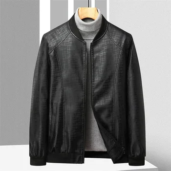 Новая мужская кожаная куртка в корейском стиле, приталенный мотоциклетный бомбер, модная кожаная рубашка, Тонкая Мужская кожаная рубашка из искусственной кожи, мужская Изображение