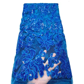 Новейшая синяя Французская тюлевая кружевная ткань 2021 года Высококачественная Швейцарская вышивка Нигерийское платье Блестки Африканская кружевная ткань 5 ярдов 02 Изображение