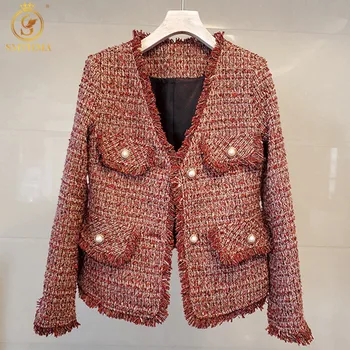 Новое поступление Женского твидового пальто Femme 2022, модная осенне-зимняя куртка оверсайз с красной кисточкой, верхняя одежда Изображение
