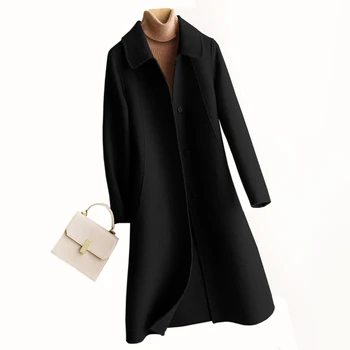 Новые зимние повседневные кашемировые пальто средней и длинной длины, женские модные однобортные пальто с длинным рукавом, однотонные шерстяные пальто Изображение