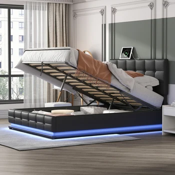 Обитая Хохолком Кровать-платформа с Гидравлической системой хранения, Кровать Для хранения из полиуретана размера Queen Size со светодиодной подсветкой и USB-зарядным устройством, Черный Изображение
