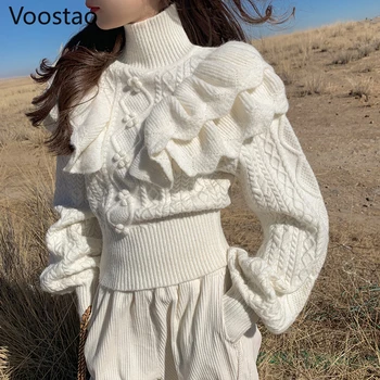 Осенне-зимние женские вязаные пуловеры с милыми оборками, кавайная водолазка, свободный свитер, верхняя одежда, шикарные трикотажные топы с пышными рукавами для девочек Изображение