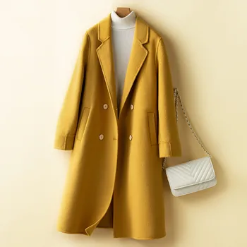 Осенне-зимняя Свободная Длинная Двусторонняя кашемировая шерстяная куртка, женское пальто, 4 цвета, Двубортное шерстяное пальто с длинным рукавом, женское Изображение