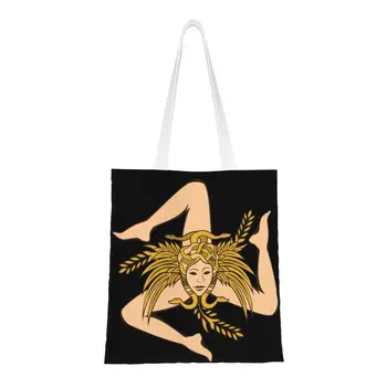 Переработка Сицилия Тринакрия Хозяйственная сумка Женская холщовая сумка через плечо Моющаяся Италия Сицилийский Флаг Продуктовые сумки для покупок Изображение