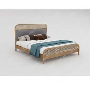 Плетеная из ротанга современная простая 1,8-метровая двуспальная кровать в скандинавском японском стиле в главной спальне в стиле ретро Изображение