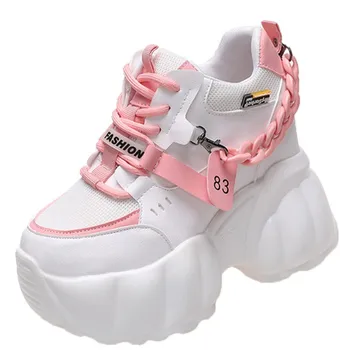Повседневная женская вулканизированная обувь на толстой подошве толщиной 10 см, спортивные кроссовки на высокой платформе, женские массивные кроссовки с цепочкой, Белые, розовые, модные женские туфли Изображение