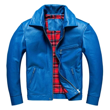 Повседневная куртка из натуральной кожи Мужская Синяя куртка из воловьей кожи в стиле Slim Rider Осенне-весенняя одежда из мягкой телячьей кожи, короткое мотоциклетное пальто Изображение
