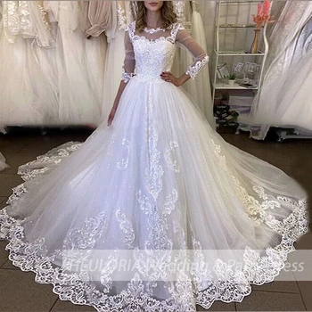 Принцесса Бальное платье Свадебное платье с длинным рукавом платье невесты с круглым вырезом плюс размер robe de mariee Кружевное свадебное платье с бисером Изображение