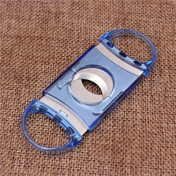 Прозрачный синий нож для резки сигар гильотиной из нержавеющей стали с пластиковыми ручками, портативный инструмент для резки сигар на открытом воздухе Изображение