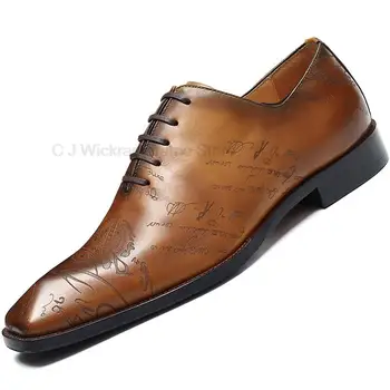 Размер 46 Размер 12 Мужские Модельные Туфли-Оксфорды Кожаные Серо-Коричневые Оксфорды Ручной Работы С Буквенной Резьбой Мужская Обувь Свадебные Вечерние Туфли Для Мужчин Изображение