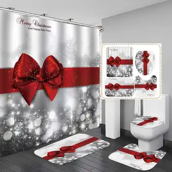 Рождественский Красный бант с узлом 180x180 см, Занавеска для душа, подставка, коврик для унитаза, нескользящий коврик для ванной, набор ковриков для ванной комнаты Изображение