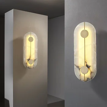 Роскошный медный настенный светильник из натурального мрамора в постмодернистском стиле для гостиной, прикроватной тумбочки для спальни, настенного бра для лестничного прохода, светодиодного настенного светильника Изображение