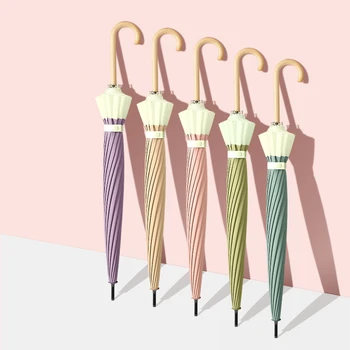 Свежий Дизайн 16K Зонт Pongee С Длинной Деревянной Ручкой Зонты от Дождя для Женщин И Мужчин, Сшитые Цветами Изображение