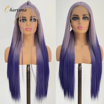 Синтетический парик Charisma Ombre с кружевом спереди, фиолетовые парики для женщин, прямые волосы длиной 26 дюймов, кружевные парики спереди, розовый парик Изображение