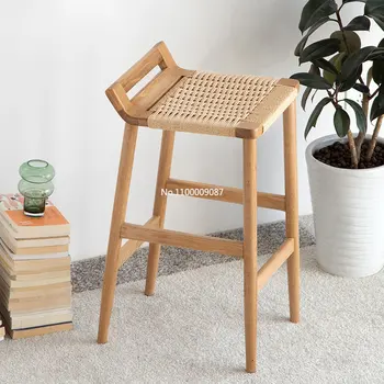 Скандинавский барный стул из массива дерева, домашний современный минималистский высокий стул из пеньковой веревки, дизайнерские легкие роскошные креативные стулья для кафе Изображение