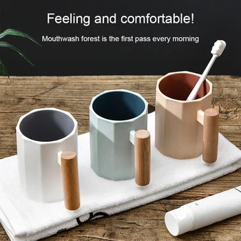 Скандинавский ополаскиватель для рта, пара чашек для чистки зубов, чашка для зубной щетки с деревянной ручкой, Кружка для питья, стаканы для ванной Изображение