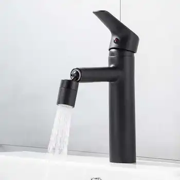 Смеситель для ванной комнаты, смеситель для холодной и горячей воды, вращающийся кран для раковины в ванной, черный Изображение