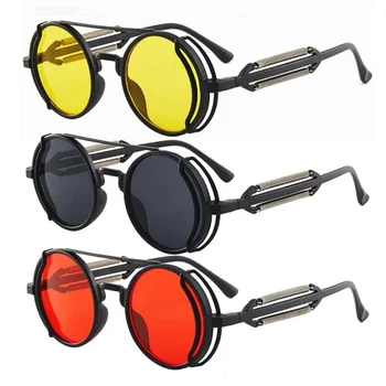 Солнцезащитные очки в стиле панк-стимпанк, двойные пружинящие очки на ножках, мужские брендовые дизайнерские круглые очки в стиле панк, изделия в готическом стиле, женские UV400 Изображение