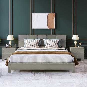 Спальные гарнитуры из 3 предметов цвета Шампанского и серебра, Двуспальная кровать + Тумбочка * 2, Легко монтируемые, для внутренней мебели для спальни Изображение