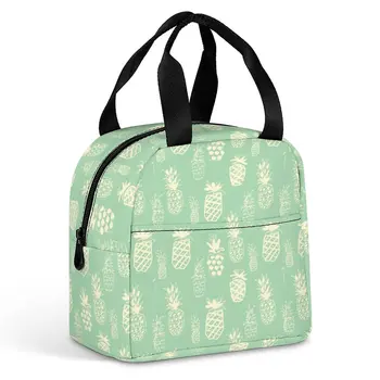 Сумки для ланча с индивидуальным рисунком для женщин с зеленым принтом ананаса Портативная сумка для еды для пикника, путешествия, коробка для завтрака, Офисная работа, школа Изображение