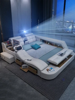 Технологичная кровать из натуральной кожи, многофункциональные каркасные кровати, массажные камуфляжи с подсветкой Татами с Bluetooth, динамиком, проектором, Мин. Изображение