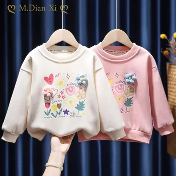 Толстовка для маленьких девочек, весенне-осенний новый детский пуловер, повседневный универсальный топ с объемными цветами Изображение