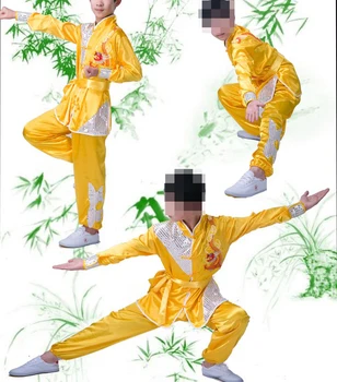 УНИСЕКС, 5 цветов, детская форма тайцзи, одежда с вышивкой дракона, костюмы для боевых искусств ушу кунг-фу с длинными рукавами, черный / красный Изображение