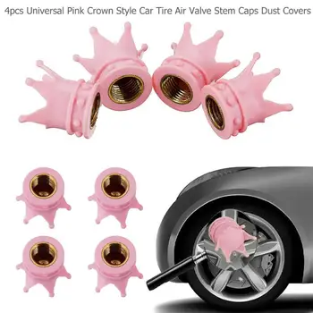 Универсальные 4шт Розовые воздушные колпачки с короной, Пылезащитные чехлы для клапанов грузовых шин, Крышка воздушного клапана на штоке колеса велосипеда, Аксессуары для стайлинга автомобилей Изображение