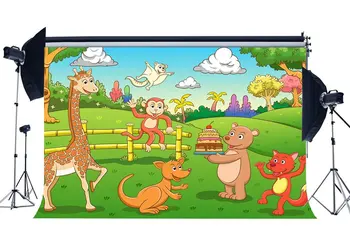 Фон зоопарка Мир животных Разбитый торт Жираф Джунгли Лес Зеленая Трава Луг Мультяшный Фон Изображение