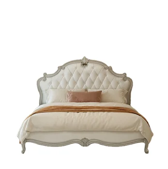 Французская Роскошная двуспальная кровать из массива вишневого дерева Master King Bed American Cream Wind Mesh Red Soft Bag Свадебная кровать Изображение