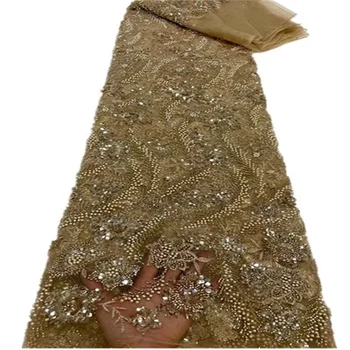 Французская кружевная ткань Дубай Высококачественная кружевная ткань ручной работы из бисера, расшитая Африканскими блестками Кружевная ткань для свадебного шитья FFJ125 Изображение