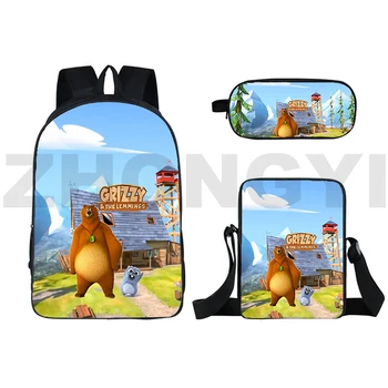 Холщовый рюкзак 3 В 1 Grizzy and The Lemmings с 3D мультяшной печатью, рюкзак для путешествий, забавная школьная сумка из аниме для мальчиков, дорожная сумка Изображение