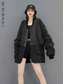 Черная куртка SHENGPALAE, Женская Свободная Повседневная куртка с круглым вырезом и длинным рукавом, однотонное пальто 2023, Осень, Новая мода Tide 5SD002 Изображение