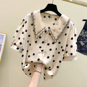 Шифоновая рубашка в горошек с короткими рукавами, женская летняя новинка большого размера, корейская версия модного кукольного воротника, свободные повседневные топы Изображение
