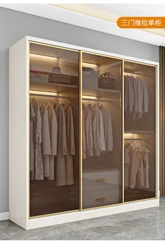 Шкаф для одежды Домашняя спальня Роскошный шкаф для хранения с раздвижной стеклянной дверью Простой современный шкафчик-купе Изображение