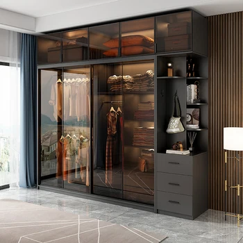 Шкаф-купе с раздвижной дверью, домашняя спальня, массив дерева, современная простота, легкая роскошь, Итальянский стиль, минималистичная стеклянная дверь, sli Изображение