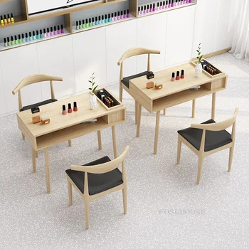 Японские маникюрные столы из массива дерева, салонная мебель, современный дизайнерский одноместный двухместный маникюрный стол, набор стульев, профессиональный маникюрный стол Изображение