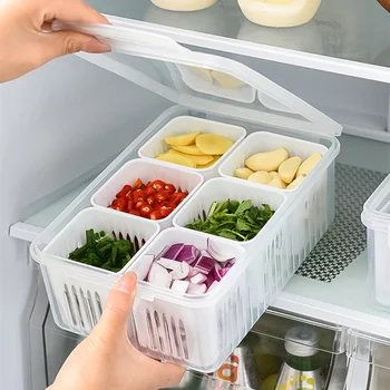 Ящик для хранения в холодильнике, 6 сеток, Ящик для хранения продуктов, овощей, фруктов, Органайзер для холодильника, Корзина для слива, Мясо, Лук, Имбирь, прозрачный охладитель Изображение