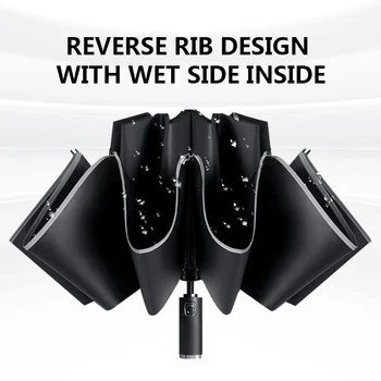 автоматический складной зонт длиной 105 см со светоотражающей полосой, портативный ветрозащитный зонт для защиты от солнца и дождя с десятью ребрами жесткости Изображение