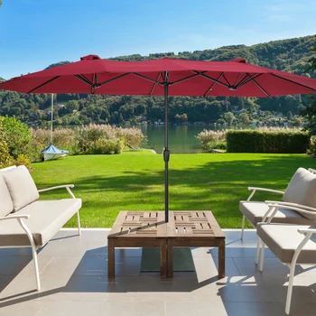 большой двухсторонний прямоугольный открытый двойной зонт для патио с рукояткой-бордовый Для наружных садов на заднем дворе. Изображение