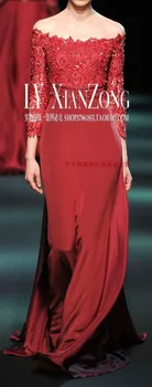 новые вечерние платья с вырезом лодочкой 2015, сексуальное красное длинное кружевное платье с рукавами три четверти, вечернее элегантное платье vestido de festa Изображение